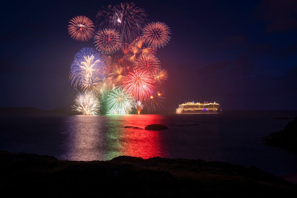 Fireworks celebrate the arrival of cruise ship Iona to her namesake&nbsp;island